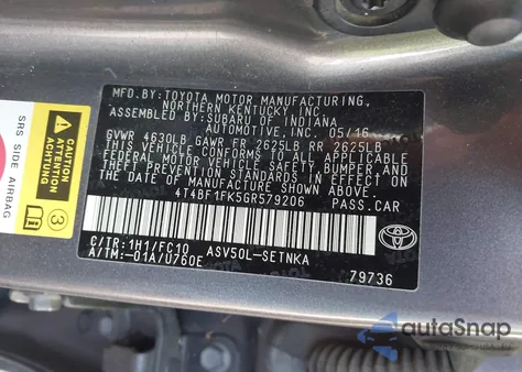 2016 Toyota Camry Le z USA, uszkodzony, nr VIN 4T4BF1FK5GR579206
